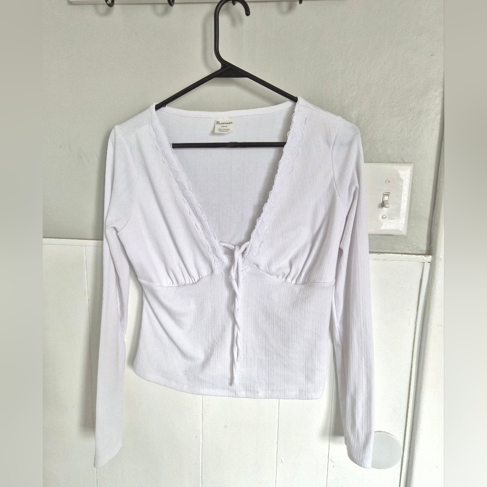 No Boundaries White Long-Sleeve Tie-Front Ribbed Top Small 4-6